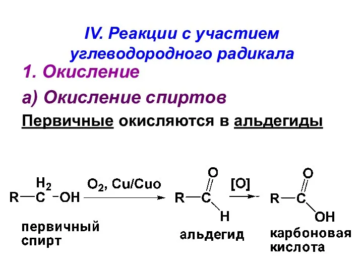 IV. Реакции с участием углеводородного радикала 1. Окисление а) Окисление спиртов Первичные окисляются в альдегиды