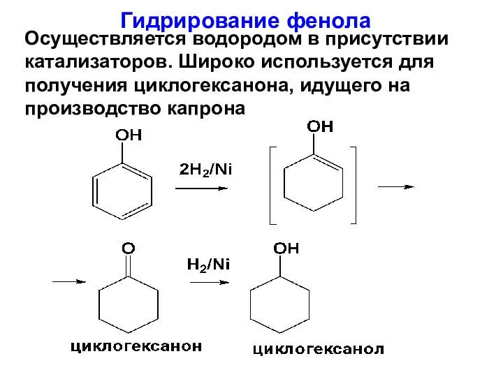 Гидрирование фенола Осуществляется водородом в присутствии катализаторов. Широко используется для получения циклогексанона, идущего на производство капрона