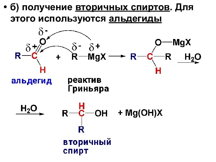 б) получение вторичных спиртов. Для этого используются альдегиды