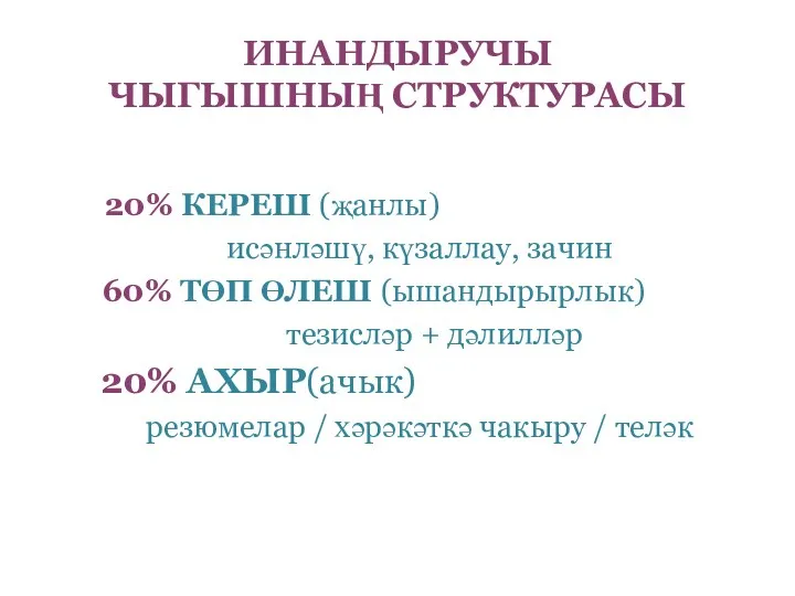 ИНАНДЫРУЧЫ ЧЫГЫШНЫҢ СТРУКТУРАСЫ 20% КЕРЕШ (җанлы) исәнләшү, күзаллау, зачин 60%