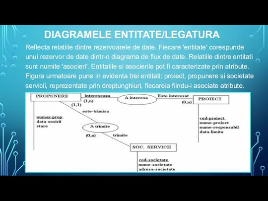 DIAGRAMELE ENTITATE/LEGATURA Reflecta relatiile dintre rezervoarele de date. Fiecare 'entitate'