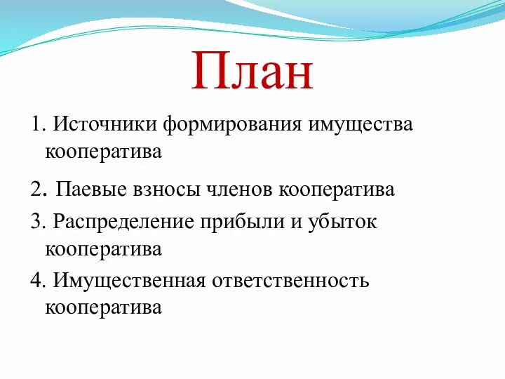 План 1. Источники формирования имущества кооператива 2. Паевые взносы членов