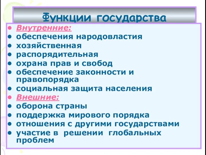 Функции государства Внутренние: обеспечения народовластия хозяйственная распорядительная охрана прав и