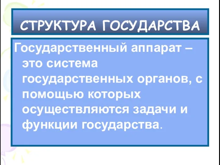 СТРУКТУРА ГОСУДАРСТВА Государственный аппарат – это система государственных органов, с