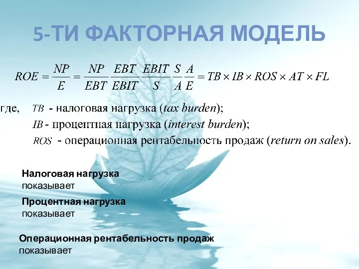 5-ТИ ФАКТОРНАЯ МОДЕЛЬ Налоговая нагрузка показывает Процентная нагрузка показывает Операционная рентабельность продаж показывает