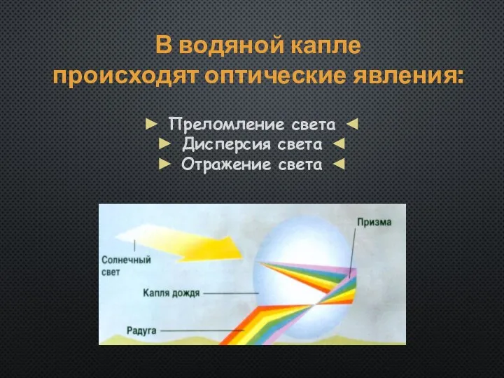 В водяной капле происходят оптические явления: ► Преломление света ◄