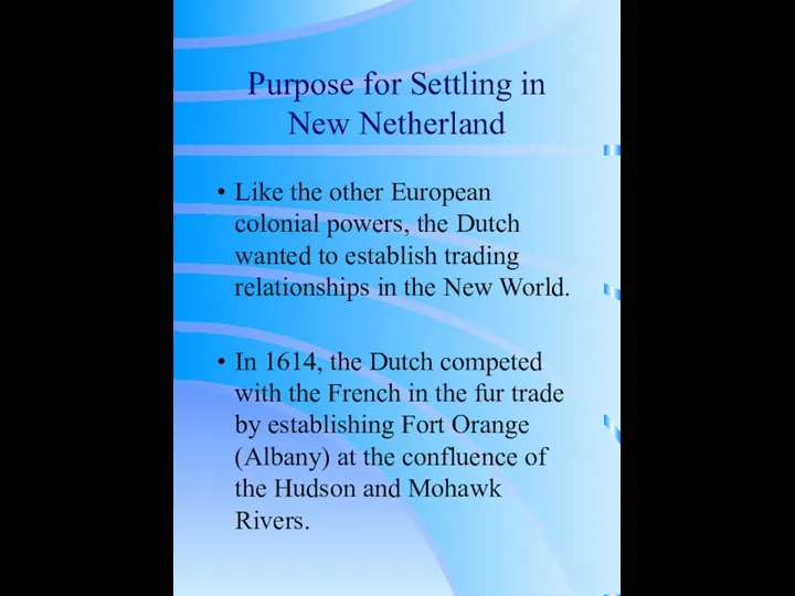 Purpose for Settling in New Netherland Like the other European