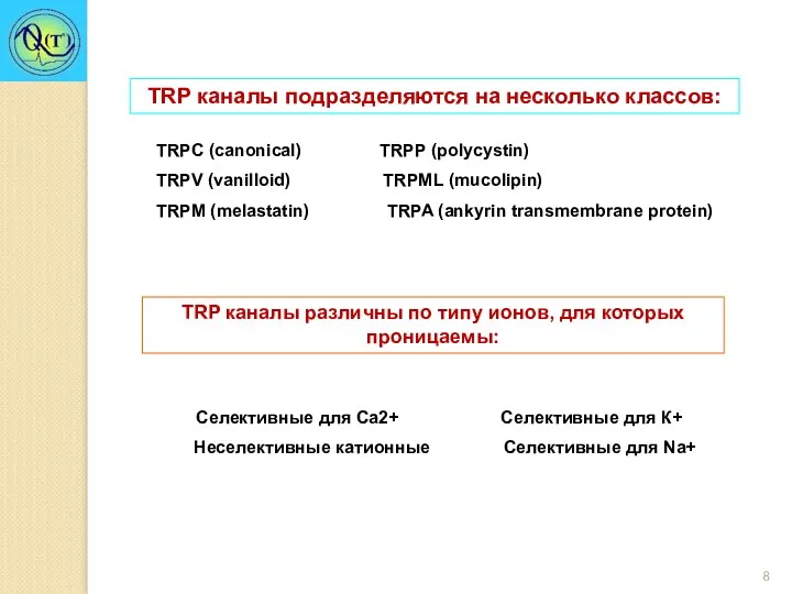 TRPС (canonical) TRPP (polycystin) TRPV (vanilloid) TRPML (mucolipin) TRPM (melastatin)