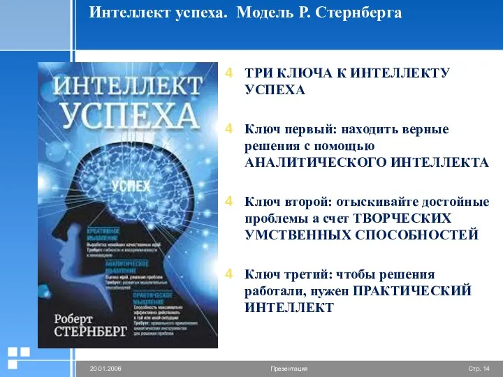 Интеллект успеха. Модель Р. Стернберга ТРИ КЛЮЧА К ИНТЕЛЛЕКТУ УСПЕХА