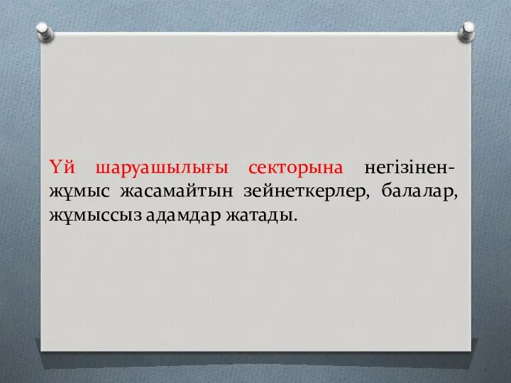 Үй шаруашылығы секторына негізінен- жұмыс жасамайтын зейнеткерлер, балалар, жұмыссыз адамдар жатады.