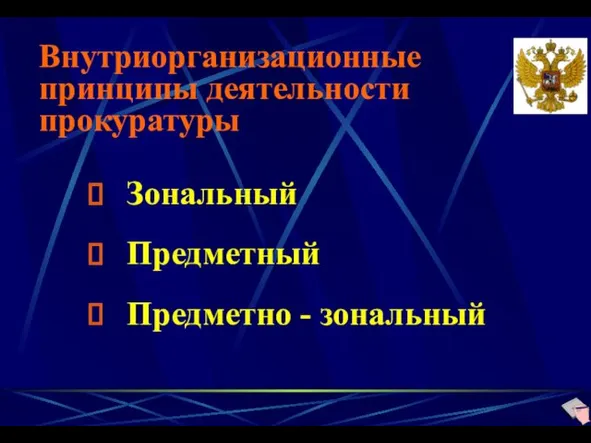 Внутриорганизационные принципы деятельности прокуратуры Зональный Предметный Предметно - зональный