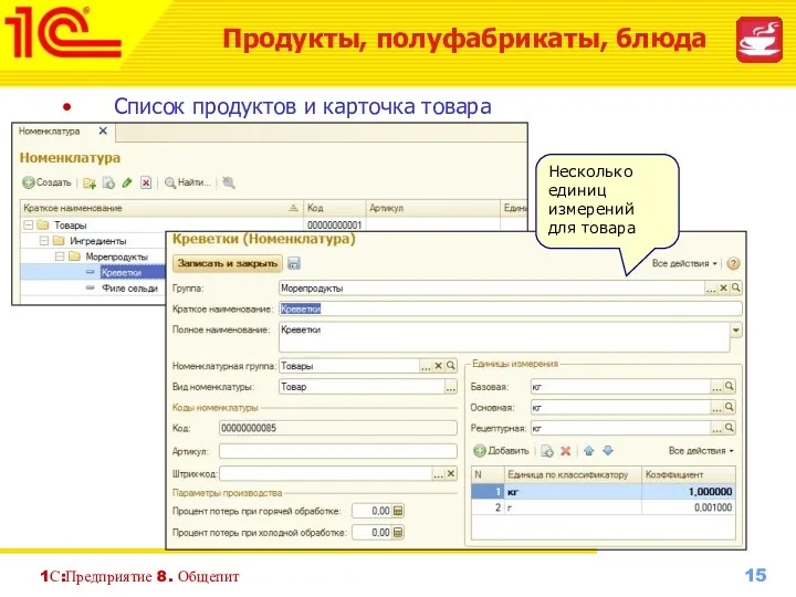 1С:Предприятие 8. Общепит Список продуктов и карточка товара Несколько единиц измерений для товара Продукты, полуфабрикаты, блюда