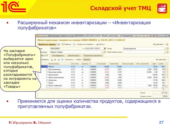 1С:Предприятие 8. Общепит Расширенный механизм инвентаризации – «Инвентаризация полуфабрикатов» Применяется