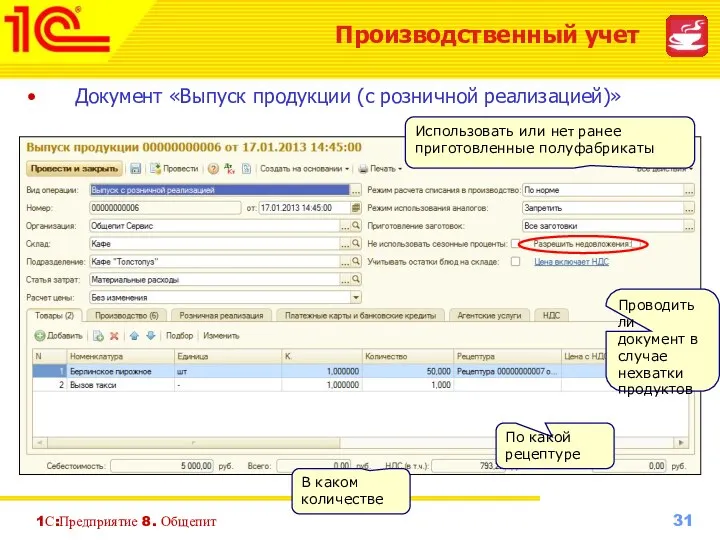 Документ «Выпуск продукции (с розничной реализацией)» 1С:Предприятие 8. Общепит В