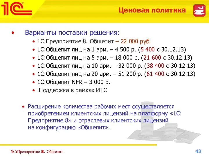 1С:Предприятие 8. Общепит Варианты поставки решения: 1С:Предприятие 8. Общепит –