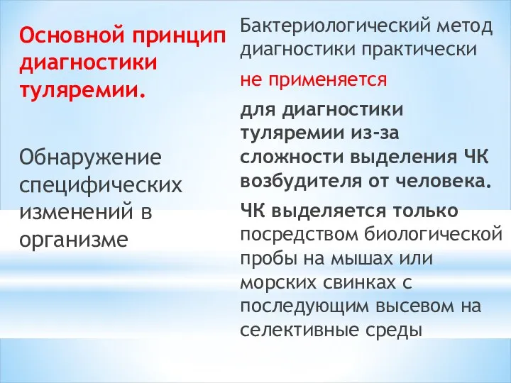 Основной принцип диагностики туляремии. Обнаружение специфических изменений в организме Бактериологический