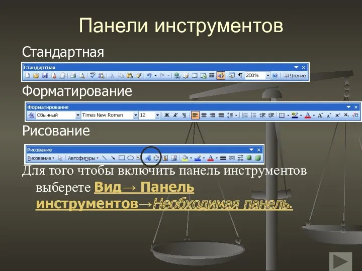 Панели инструментов Стандартная Форматирование Рисование Для того чтобы включить панель инструментов выберете Вид→ Панель инструментов→Необходимая панель.