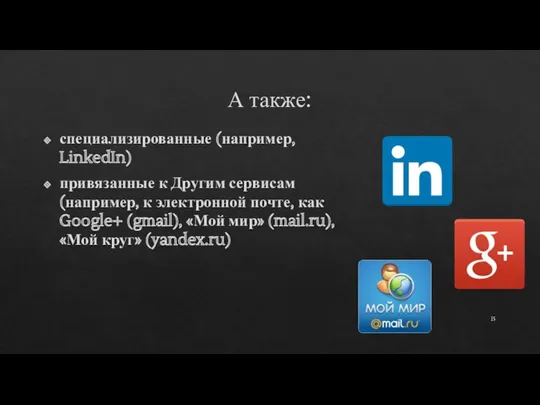 А также: специализированные (например, LinkedIn) привязанные к Другим сервисам (например,