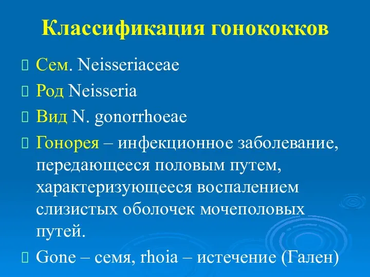 Классификация гонококков Сем. Neisseriaceae Род Neisseria Вид N. gonorrhoeae Гонорея