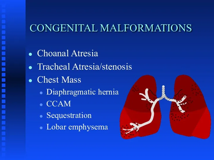 CONGENITAL MALFORMATIONS Choanal Atresia Tracheal Atresia/stenosis Chest Mass Diaphragmatic hernia CCAM Sequestration Lobar emphysema