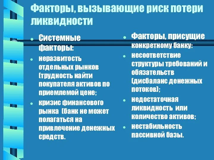 Факторы, вызывающие риск потери ликвидности Системные факторы: неразвитость отдельных рынков