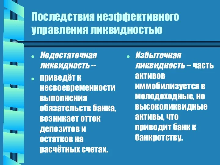 Последствия неэффективного управления ликвидностью Недостаточная ликвидность -- приведёт к несвоевременности