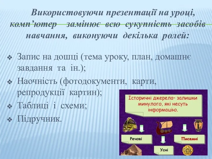 Використовуючи презентації на уроці, комп’ютер замінює всю сукупність засобів навчання,