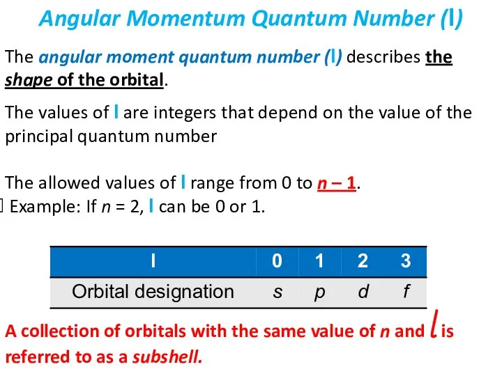 The angular moment quantum number (l) describes the shape of