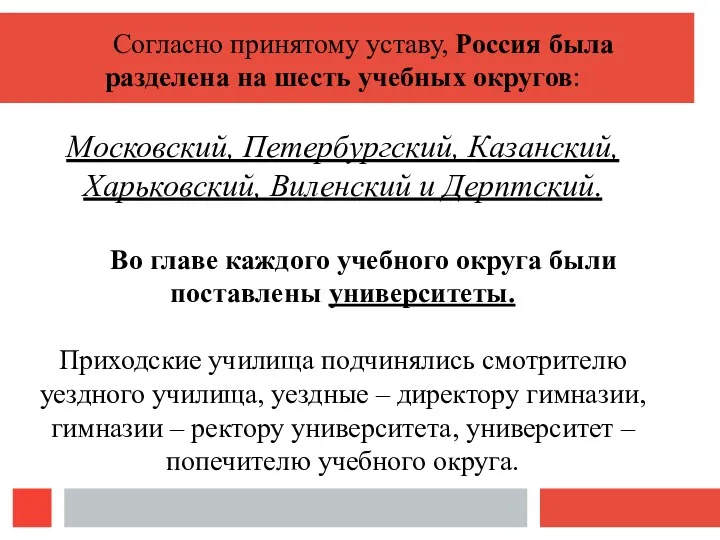 Согласно принятому уставу, Россия была разделена на шесть учебных округов: