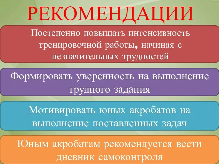 РЕКОМЕНДАЦИИ Постепенно повышать интенсивность тренировочной работы, начиная с незначительных трудностей