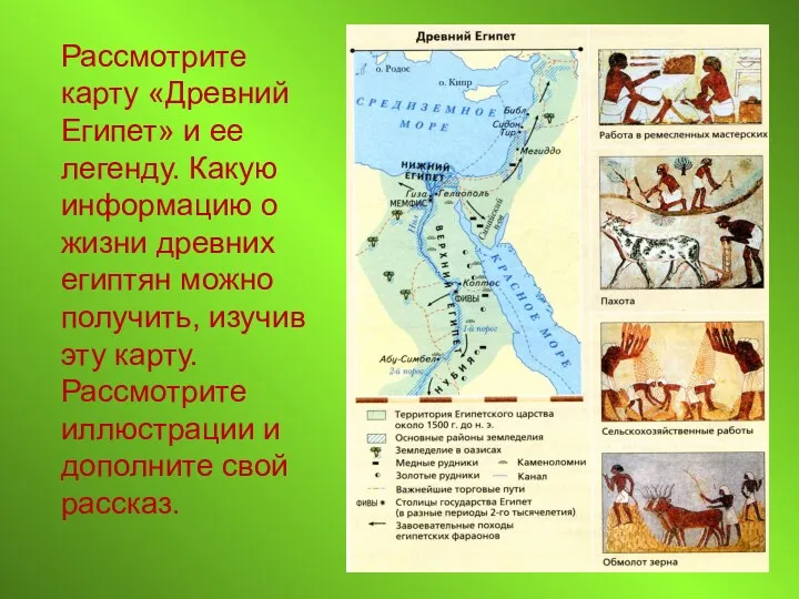 Рассмотрите карту «Древний Египет» и ее легенду. Какую информацию о