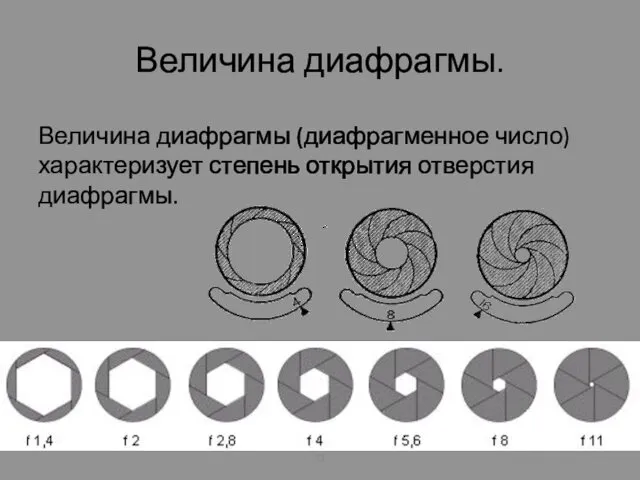 Величина диафрагмы. Величина диафрагмы (диафрагменное число) характеризует степень открытия отверстия диафрагмы.