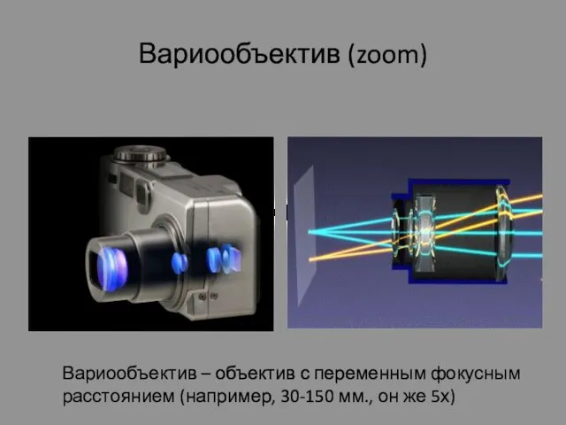 Вариообъектив (zoom) Вариообъектив – объектив с переменным фокусным расстоянием (например, 30-150 мм., он же 5х)