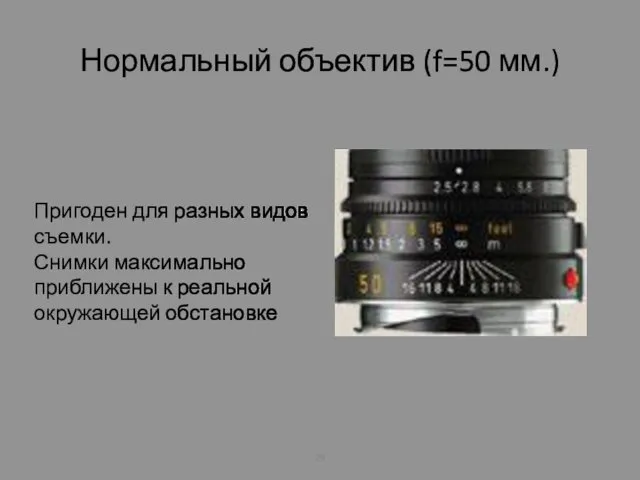 Нормальный объектив (f=50 мм.) Пригоден для разных видов съемки. Снимки максимально приближены к реальной окружающей обстановке