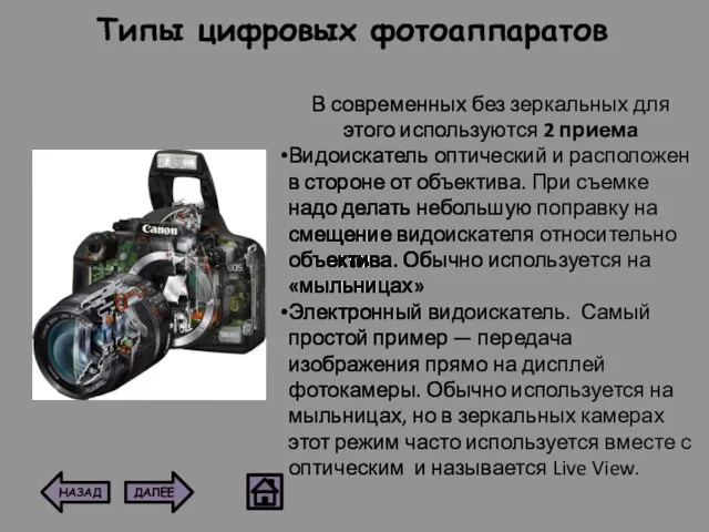 Типы цифровых фотоаппаратов В современных без зеркальных для этого используются