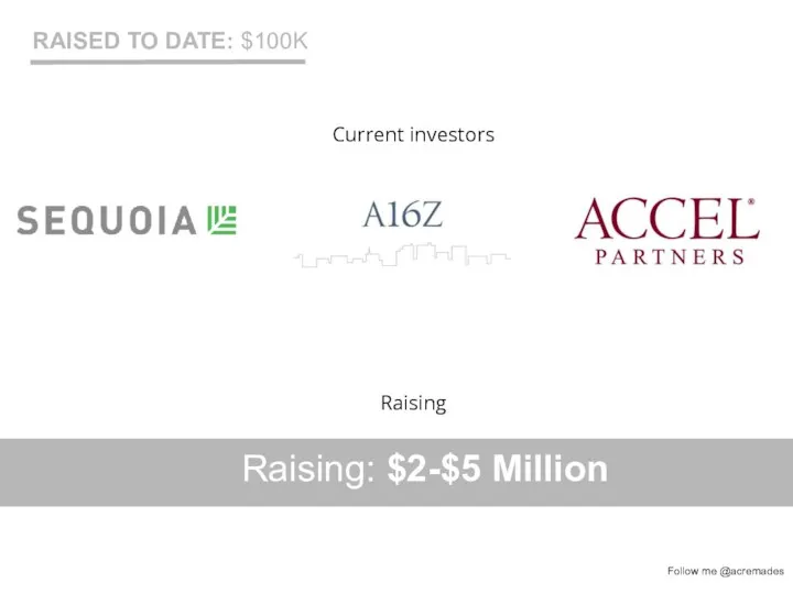 Current investors Business Model RAISED TO DATE: $100K Raising Raising: $2-$5 Million Follow me @acremades