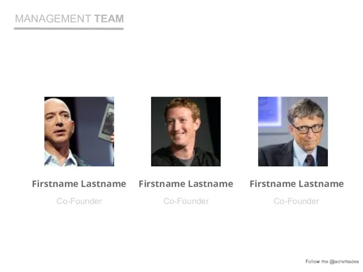 Firstname Lastname Co-Founder Firstname Lastname Co-Founder Firstname Lastname Co-Founder MANAGEMENT TEAM Follow me @acremades