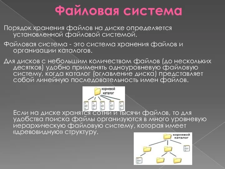 Файловая система Порядок хранения файлов на диске определяется установленной файловой