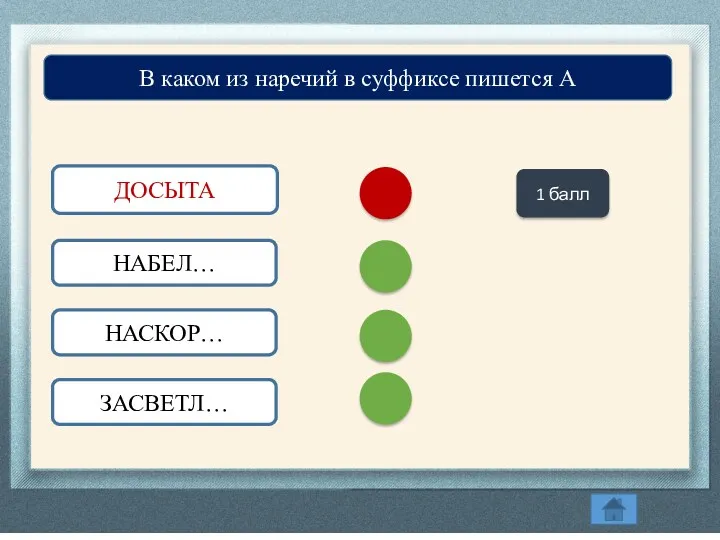 ДОСЫТ… НАБЕЛ… НАСКОР… ЗАСВЕТЛ… В каком из наречий в суффиксе пишется А 1 балл ДОСЫТА