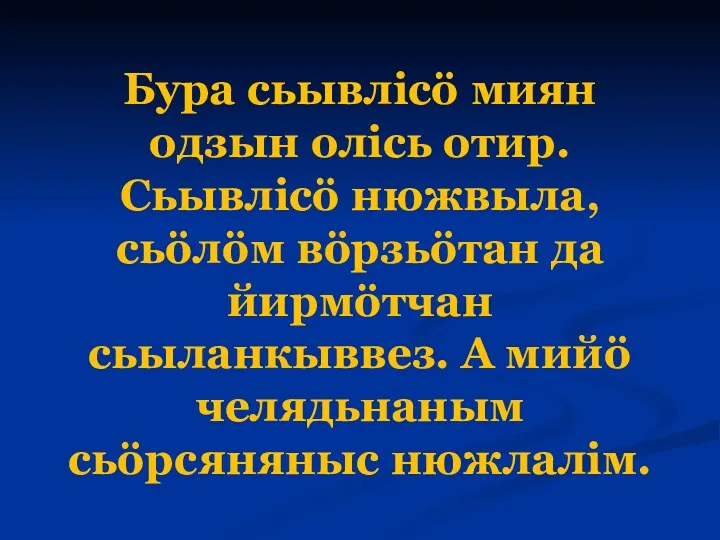 Бура сьывлісö миян одзын олісь отир. Сьывлісö нюжвыла, сьöлöм вöрзьöтан