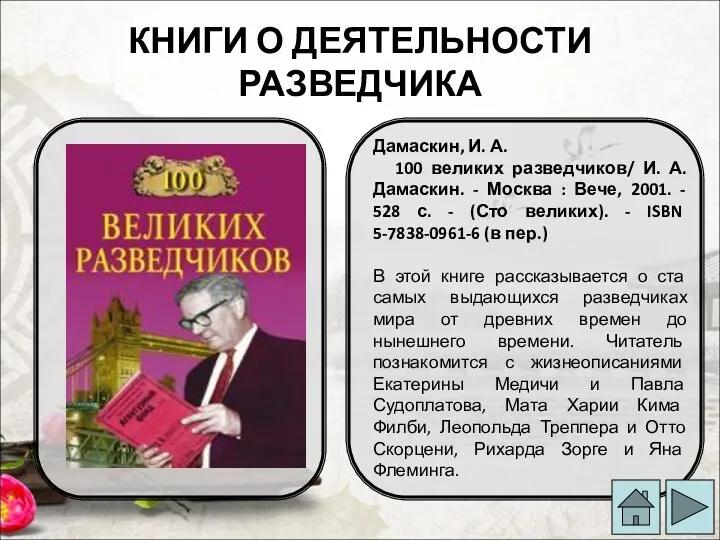 КНИГИ О ДЕЯТЕЛЬНОСТИ РАЗВЕДЧИКА Дамаскин, И. А. 100 великих разведчиков/