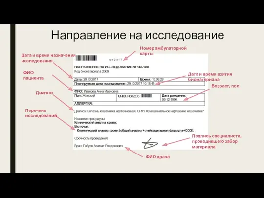 Направление на исследование Номер амбулаторной карты Дата и время взятия