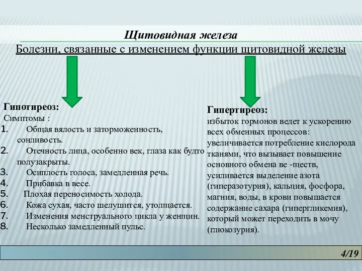 4/19 Щитовидная железа Болезни, связанные с изменением функции щитовидной железы