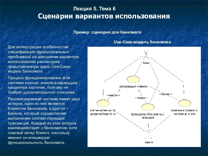 Лекция 5. Тема 6 Сценарии вариантов использования Пример: сценарии для