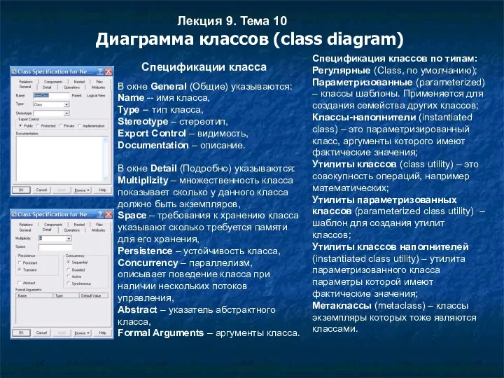 Лекция 9. Тема 10 Диаграмма классов (class diagram) Спецификации класса