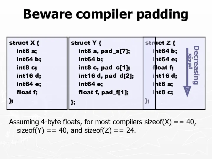 Beware compiler padding Assuming 4-byte floats, for most compilers sizeof(X)