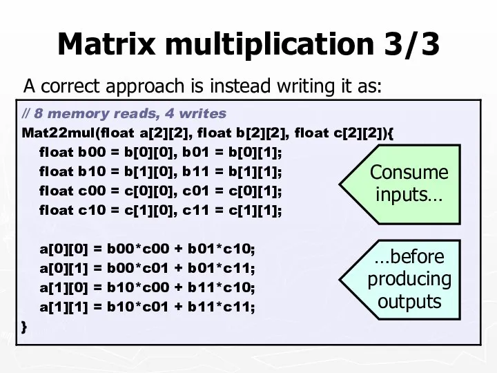 Matrix multiplication 3/3 A correct approach is instead writing it as: …before producing outputs Consume inputs…