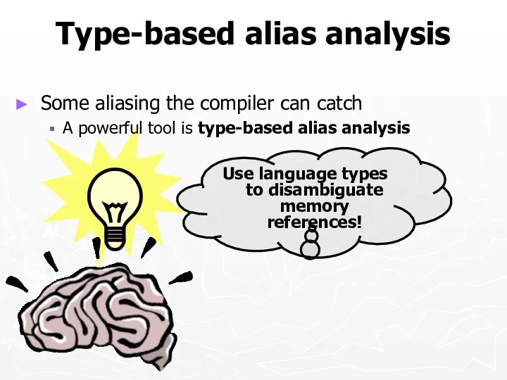 Type-based alias analysis Some aliasing the compiler can catch A