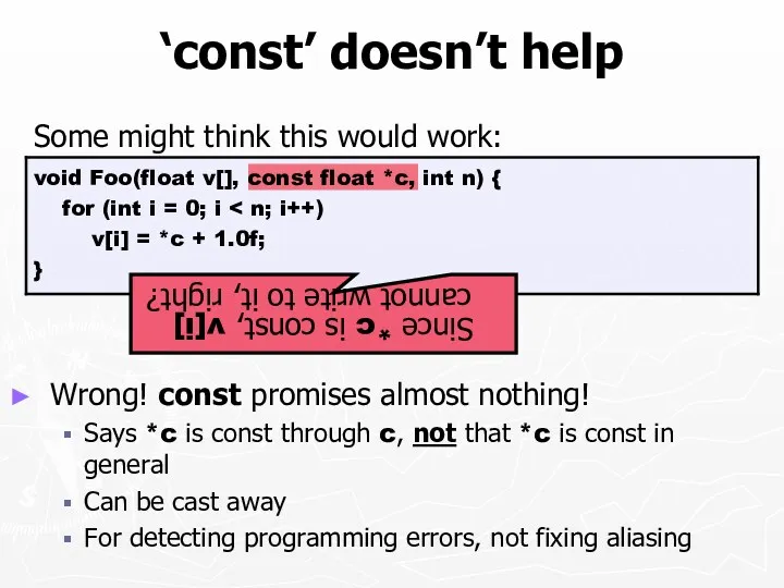 ‘const’ doesn’t help Some might think this would work: Wrong!