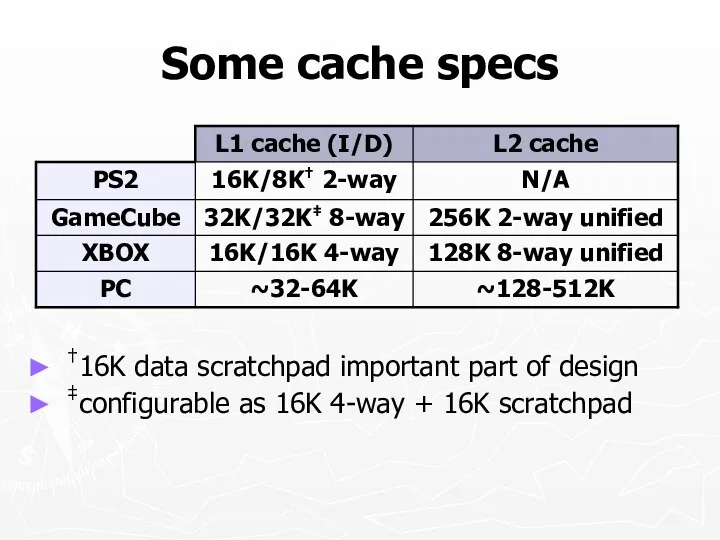 Some cache specs †16K data scratchpad important part of design